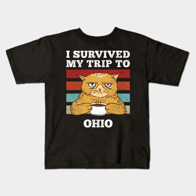 I Survived My Trip To Ohio Vintage Tired Cat Coffee Kids T-Shirt by plainlyfashion